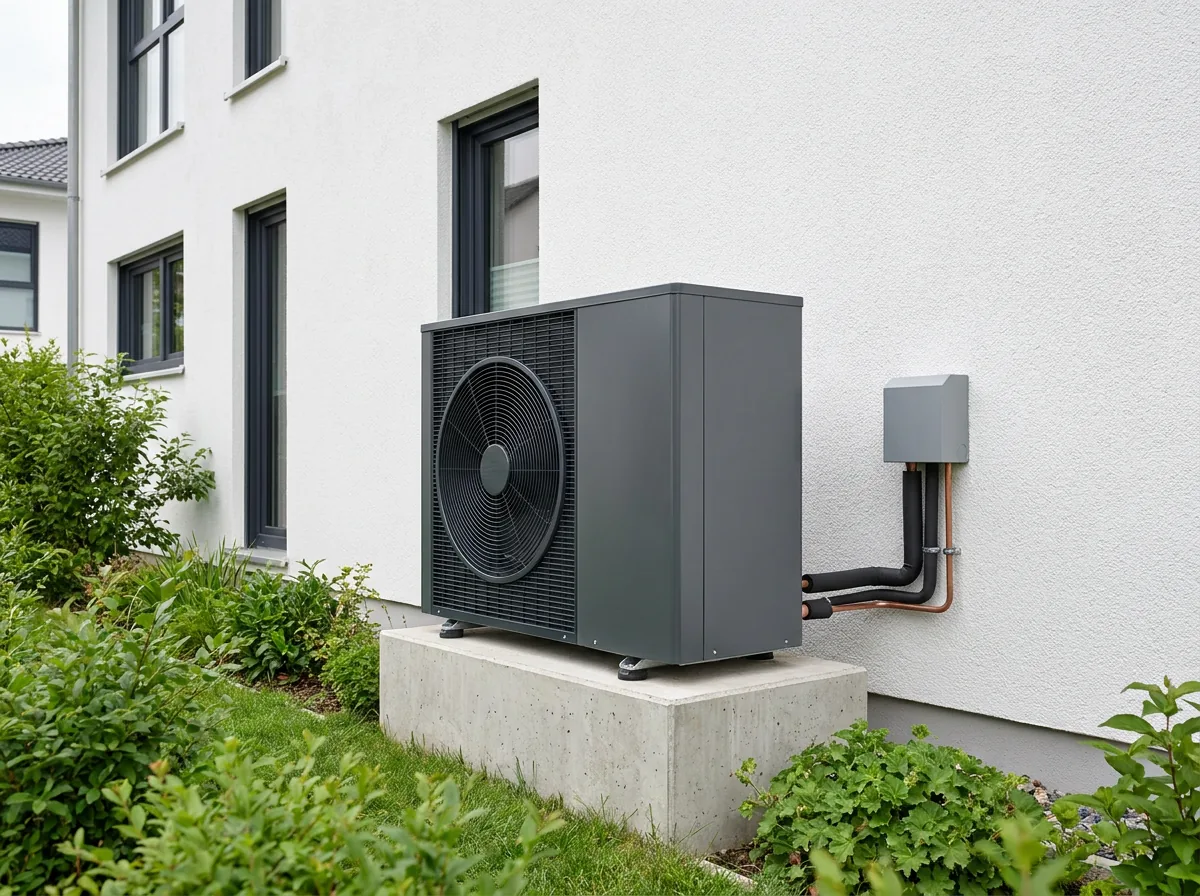 Moderne Wärmepumpen-Außeneinheit an einer Hauswand