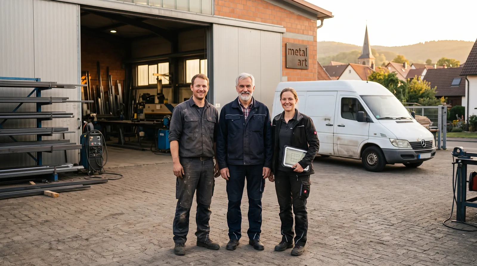 Familie Brenner vor der Werkstatt