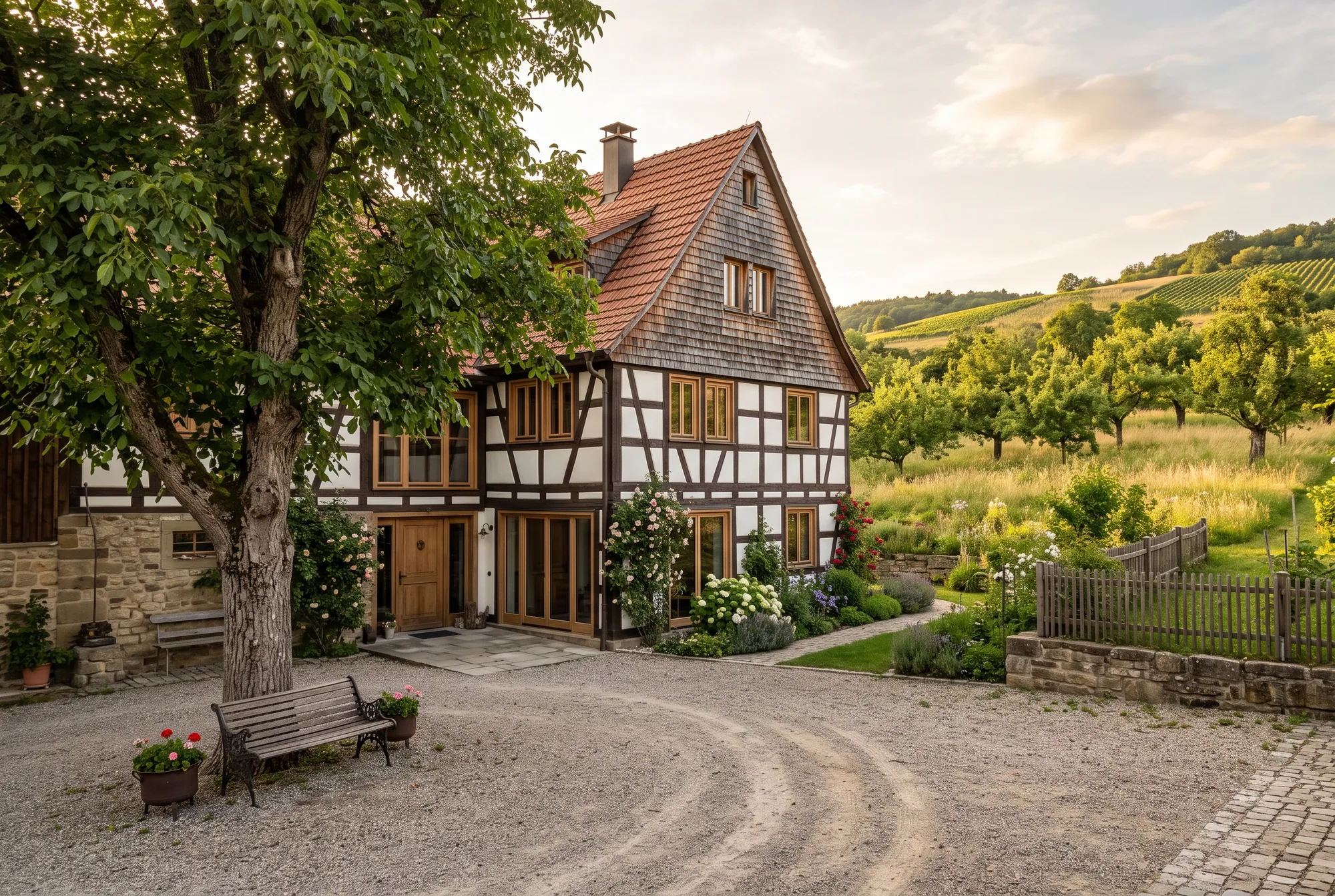 Renoviertes Bauernhaus mit Walnussbaum im Hof