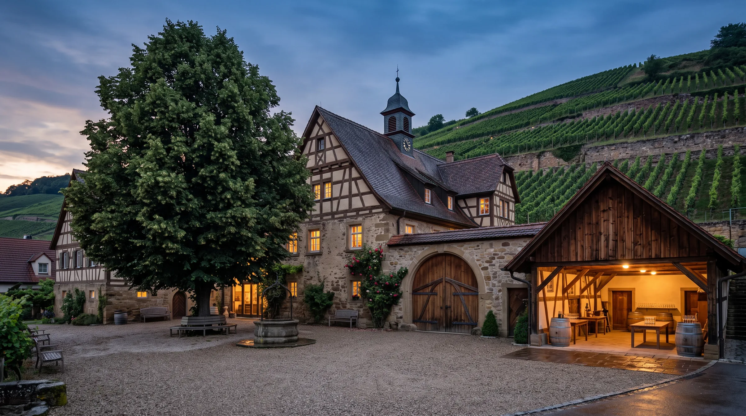 Der Hof des Weinguts in der Abenddämmerung