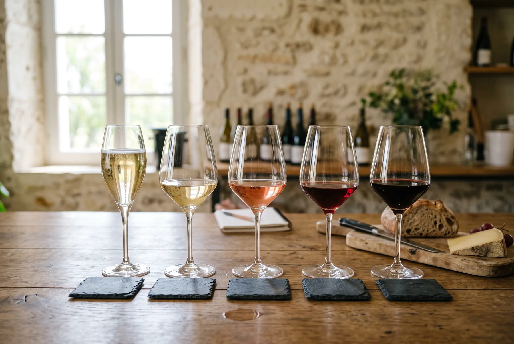 Fünf Gläser auf dem Eichentisch der Vinothek